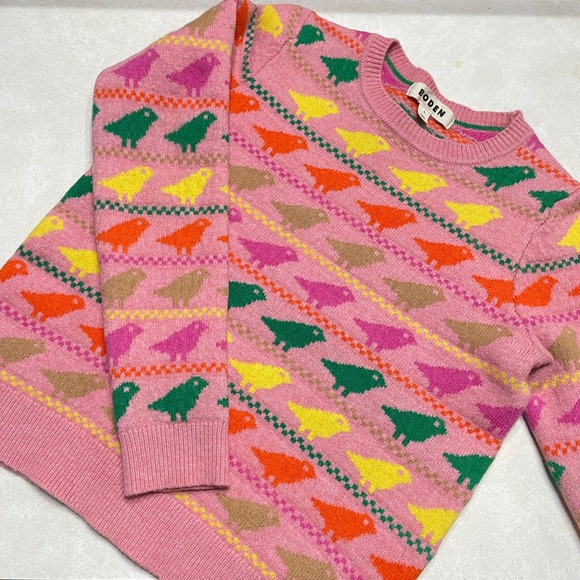 Boden Edie Fair Isle Sweater Pink Colorful Bird Animal Print Crew Neck Jumper - Picture 2 of 15